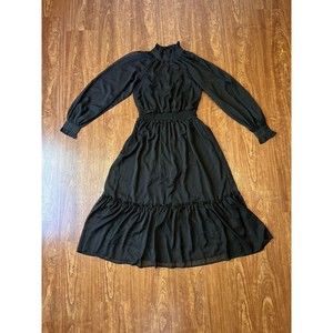 By the River Midi Dress Black Smock Waist Button Front Near & Sheer Mock Neck